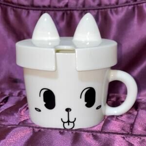 Kitty Cat Tea Cup with Lid ears Cat Style Be Always Lovely and Funny White USED
